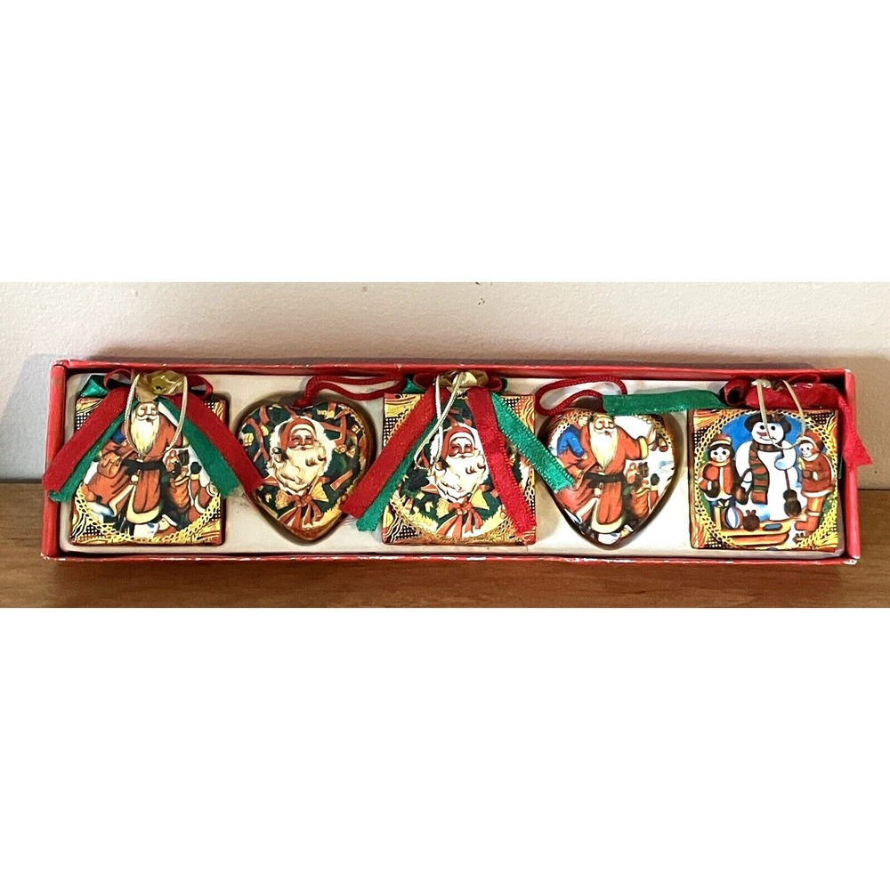 (5) Vintage Christmas Ornaments‎ - Foil/Paper Covered Ornaments w/Ribbon